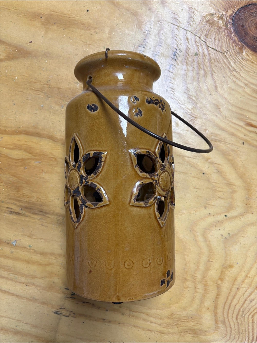 Decorative Ceramic Lantern in Honey Brown with Metal Handle